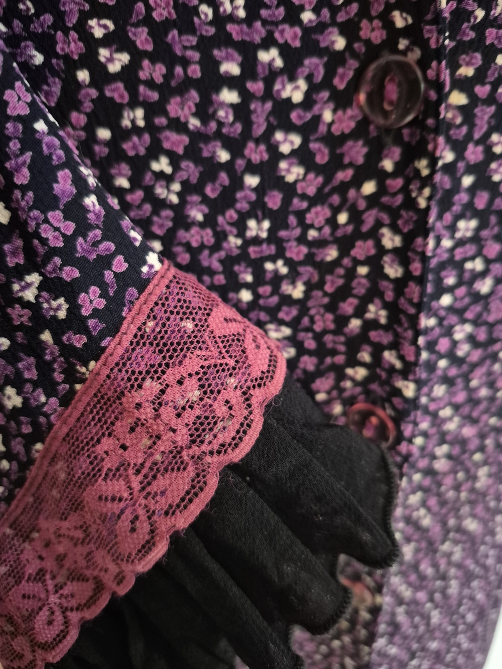 April Cornell Purple Floral Button-Front Midi Dress with Pink Lace XL - Picture 4 of 4